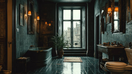 Dimly lit, richly decorated bathroom space characterized by dark, possibly slate or dark stone tiled walls and flooring, featuring a deep, freestanding soaking tub on the left and a heavy, antique wooden vanity and toilet on the right. A tall, multi-paned window dominates the center background, offering a bright view of a distant, imposing historic building exterior, while wall sconces provide warm accent lighting.の素材