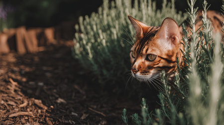 A domestic cat hides within green plants in a garden setting.の素材