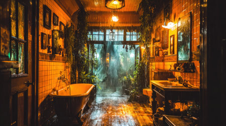 Dimly lit, richly decorated, antique bathroom setting featuring a clawfoot bathtub and a wooden vanity with a sink. The room is adorned with hanging plants and pictures on the tiled walls, and intense rainfall is visible streaming down outside the large central windows, creating a dramatic contrast between the warm interior lighting and the wet, stormy exterior.の素材