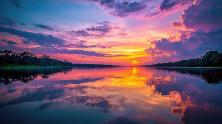A serene river reflects a vividly colored sunset sky with dramatic clouds.の素材