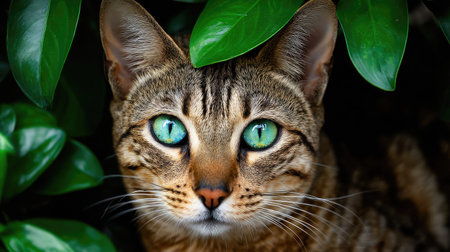 A cat's face with vivid green eyes emerges from lush green leaves.の素材