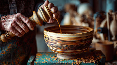 Close-up view of a craftsman's hands carefully working with a wooden bowl in a workshop.  The image highlights the intricate details of the craftsmanship, showcasing the textures and patterns of the wood.  The bowl is filled with a material similar to sawdust or wood chips.の素材