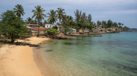 A tropical village lines the coast with clear turquoise waters and palm trees.の素材