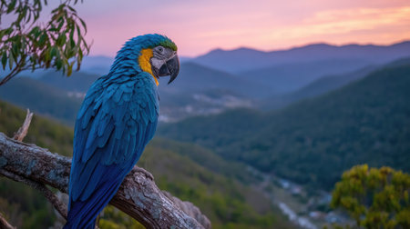 A colorful parrot sits on a tree branch with a scenic mountain landscape at sunset.の素材