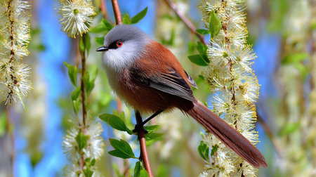 A small, colorful bird sits among delicate spring blossoms against a soft blue sky.の素材