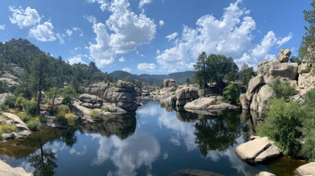 A panoramic view of a tranquil lake mirroring rocky formations and surrounding greenery.の素材