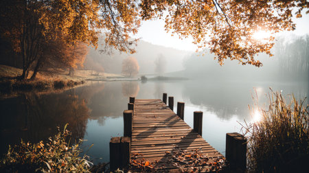 A wooden pier extends into a misty lake reflecting autumnal trees and sunlight.の素材