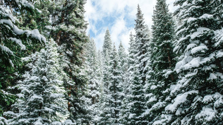 Dense evergreen forest covered in fresh winter snow with a bright sky.の素材