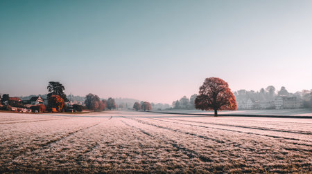 A solitary tree with autumn colors in a frosted field at dawn.の素材
