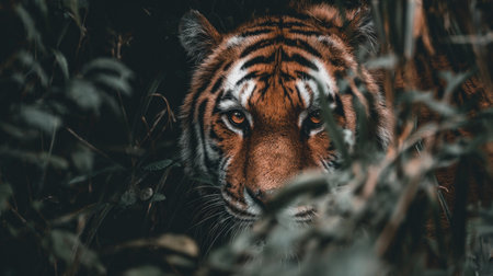 A tiger's intense gaze pierces through dense, dark jungle foliage.の素材