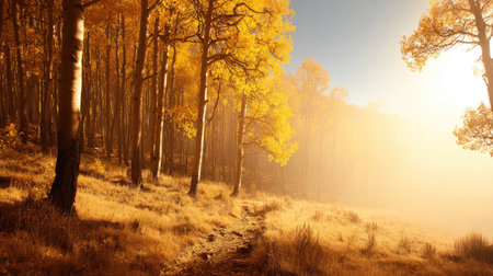 A sun-drenched autumn forest with golden leaves and a clear blue sky.の素材