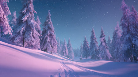 A tranquil winter forest scene under a starlit twilight sky.の素材