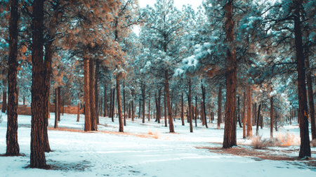 A winter forest scene with snow-covered pine trees.の素材