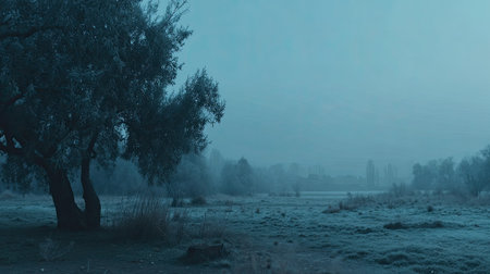 A solitary, frost-covered tree in a hazy, cold winter landscape.の素材