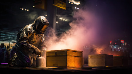 Person in a full-body protective suit kneels by a container that is emitting smoke and fire.  The scene takes place at night and appears to be a performance or event. Wooden crates are around the person.の素材