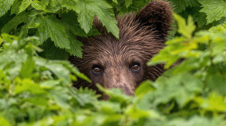 A young bear peeks out from behind dense green leaves in a forest.の素材