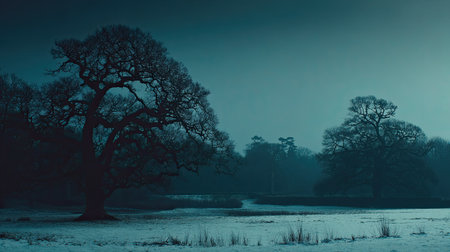 Winter trees with bare branches stand against a misty, blue-toned sky.の素材