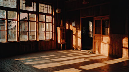 An interior scene with sunlight casting strong shadows across a wooden floor.の素材