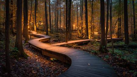A winding wooden boardwalk leads through a forest with autumn foliage and artificial lighting.の素材