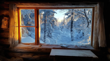 View from a cozy cabin window onto a bright, snow-covered winter forest.の素材