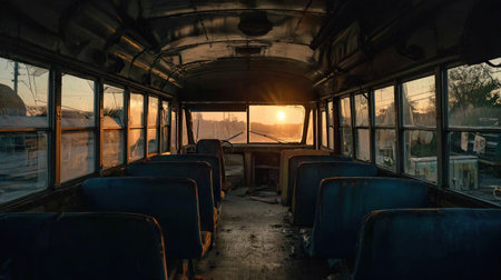 Interior of an old, abandoned bus illuminated by sunset light.の素材
