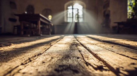 Sunbeams illuminate the weathered wooden floor of an old room.の素材