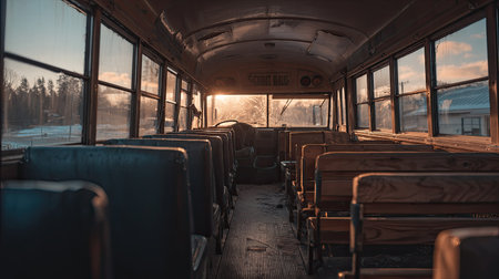 Interior of an old, abandoned vehicle with rows of seats illuminated by sunset.の素材