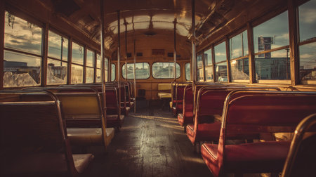 Dilapidated bus interior with rows of worn seats and dusty windows.の素材