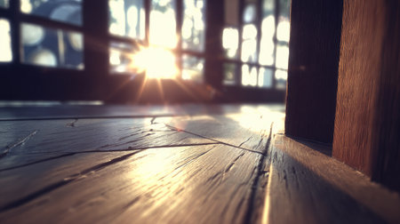 Warm sunlight streams across a textured wooden floor indoors.の素材