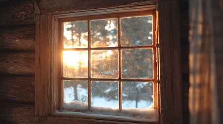 A rustic cabin window shows a winter scene with sunlight and snow.の素材