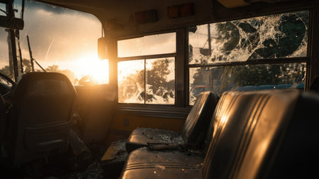 Interior of an abandoned bus with shattered windows during sunset.の素材