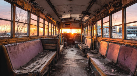 Interior view of a decaying bus bathed in the warm glow of a sunset.の素材