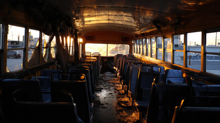 The interior of a derelict bus showcases broken windows and aged seats.の素材