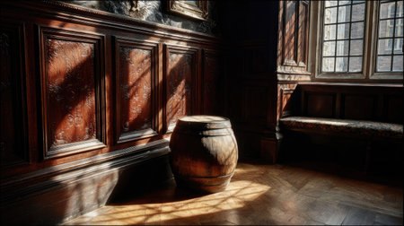 Interior scene with a wooden barrel and window illuminated by light.の素材