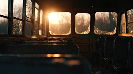 Interior of an abandoned vehicle with broken windows at sunset.の素材