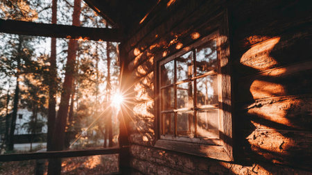 A rustic log cabin bathed in the warm glow of sunrise.の素材