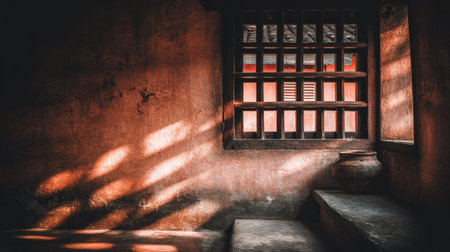 Sunlight casts striped shadows across an ancient, textured interior wall.の素材