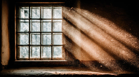 Beams of light highlight dust particles in a dark room through a barred window.の素材