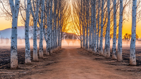 A tree-lined path leads towards a hazy, sunlit horizon at dawn.の素材