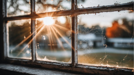 Sunlight beams through an old, grimy window pane adorned with cobwebs.の素材