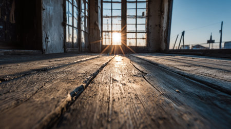 Sunlit interior of an abandoned building with weathered wooden floorboards.の素材