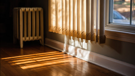 Sunlight streams through vertical blinds, creating stripes on a wooden floor.の素材