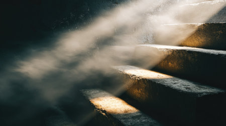 Stone steps are dramatically lit by sunbeams piercing through a hazy, dark atmosphere.の素材