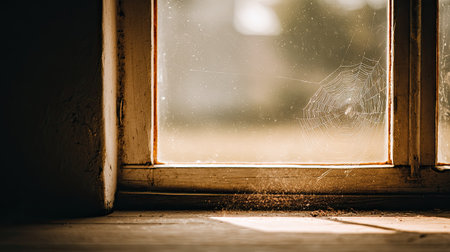 A delicate spiderweb rests on a dusty, sunlit window frame.の素材