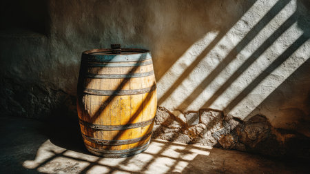 A single wooden barrel sits in a dimly lit space, illuminated by slanted light.の素材