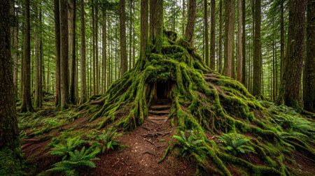 A moss-covered ancient tree with roots forming an entrance in a forest.の素材