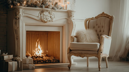 A fireplace with a crackling fire is next to a decorative armchair.の素材