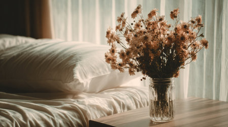 View of a bedside table featuring a clear glass jar holding a bouquet of dried, muted-toned flowers. In the background, a large, inviting white bed with rumpled linens and a plump pillow is visible, illuminated by diffuse light filtering through sheer curtains near a window.の素材