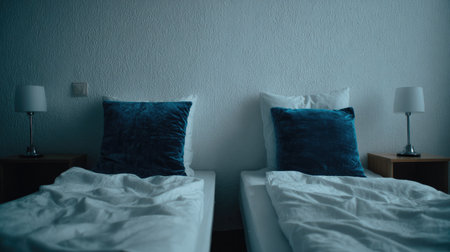 Symmetrical composition showcasing two single beds placed side by side against a textured white wall, each equipped with a white pillow, a dark teal velvet accent cushion, and a white duvet. A small wooden nightstand sits beside each bed, topped with a simple, silver-based lamp casting a cool, low light across the scene, suggesting an empty guest room environment at night.の素材