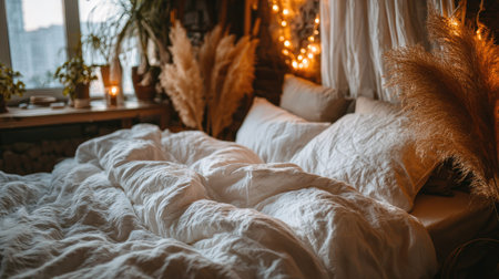 View inside a warmly lit bedroom showcasing unmade white, textured linen bedding, with soft pillows resting against a headboard area draped with light fabric. Decorative elements like potted greenery on a windowsill, a small candle, and tall plumes of dried, feathery grass contribute to a relaxed, bohemian, or hygge aesthetic, suggesting a peaceful retreat bathed in soft, warm glow from string lights in the background.の素材
